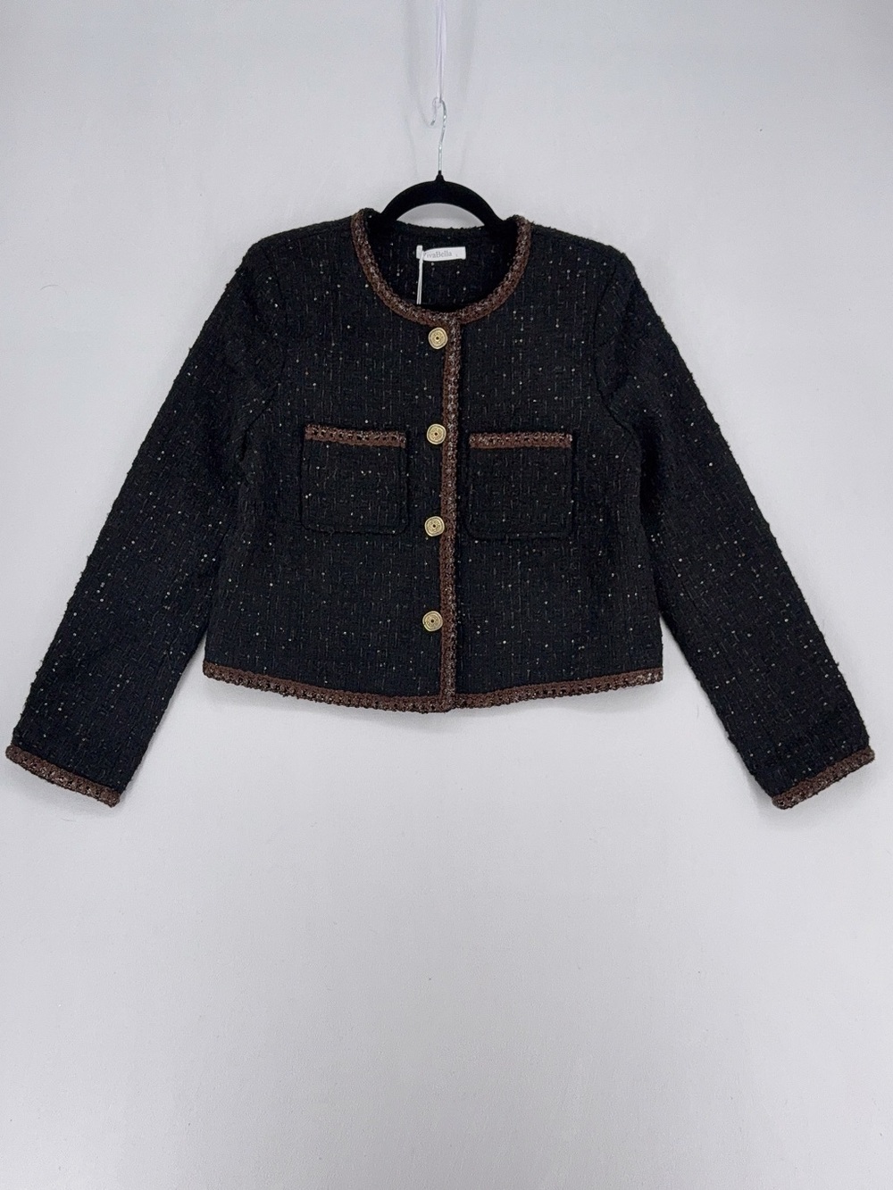 NWT Chic Tweed Cropped Jacket: Elegant VivaBella Outerwear with Braided Trim L